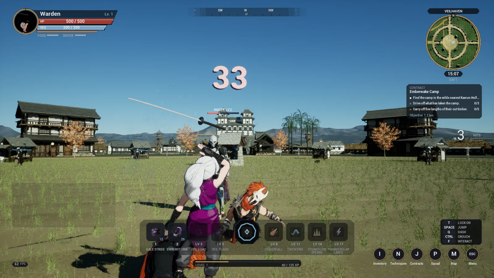 A Warden striking a masked raider: a damage number above the hit, a combo counter reading three hits, the contract tracker on the right.
