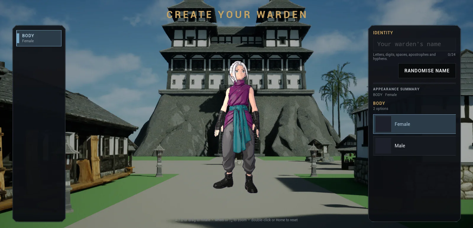 The character creation screen: a silver-haired Warden standing in the village, with a body choice and a name field.
