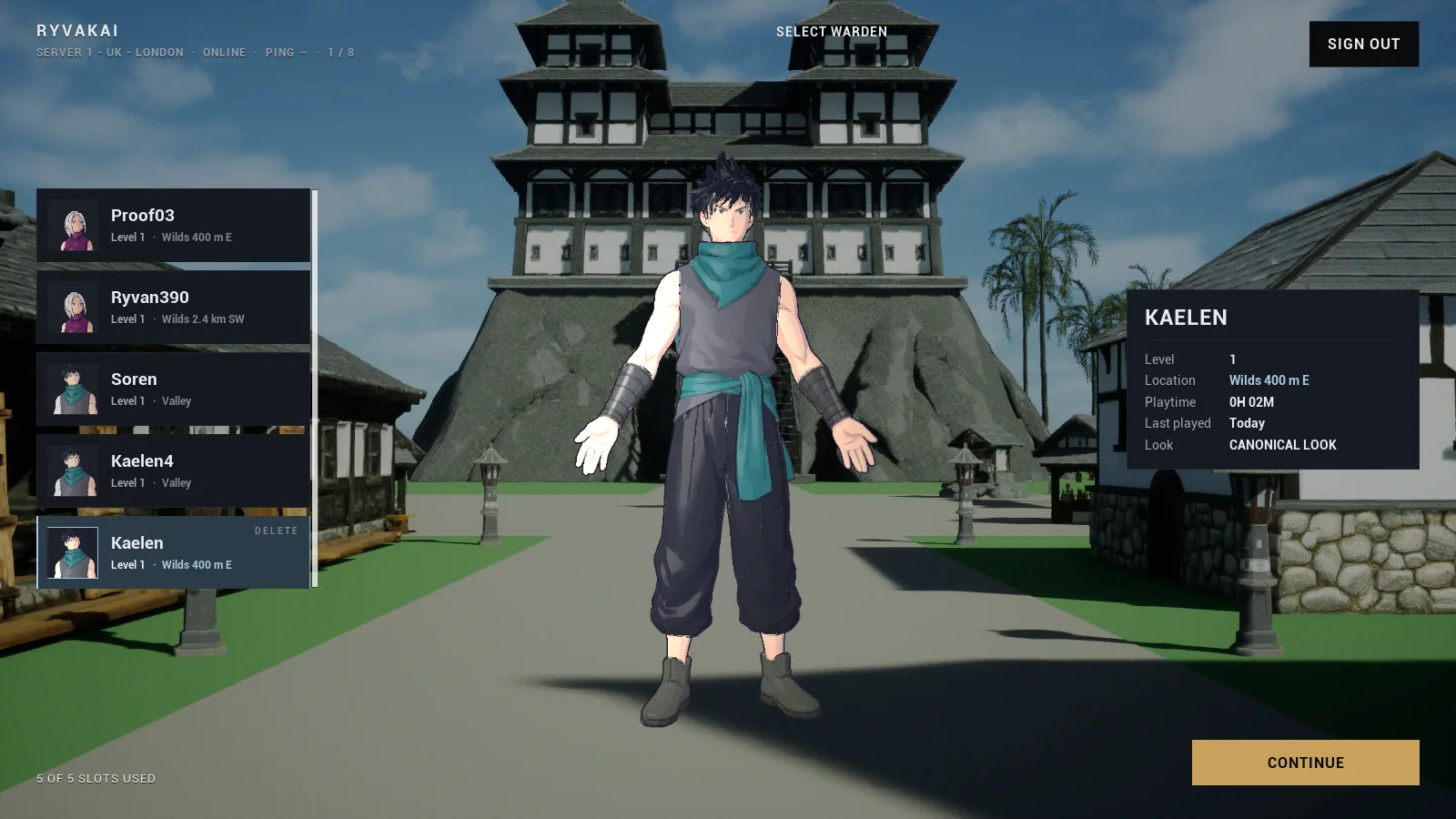 The character select screen: a roster of five characters on the left, the selected Warden standing in the village street, their level and location on the right.