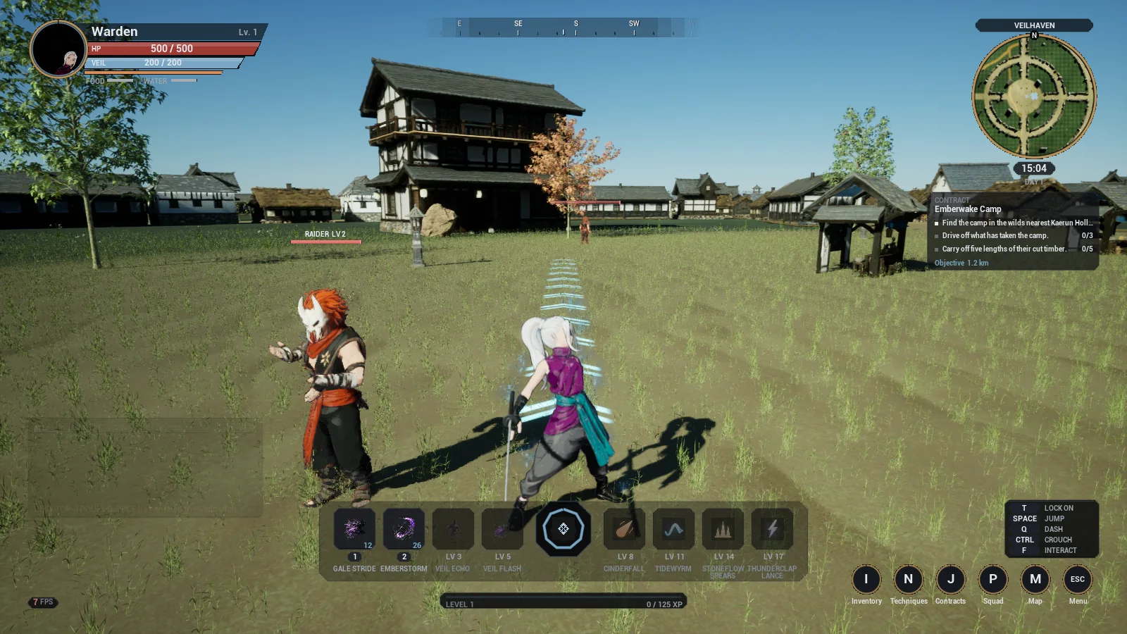 A Warden in Veilhaven with glowing chevrons on the grass leading away, and a contract called Emberwake Camp tracked on the right.